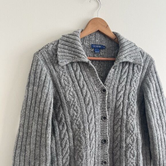 Vtg J Crew Wool Cable Knit Cardigan S M Gray Chunky Fisherman Cabincore Preppy - Picture 3 of 9
